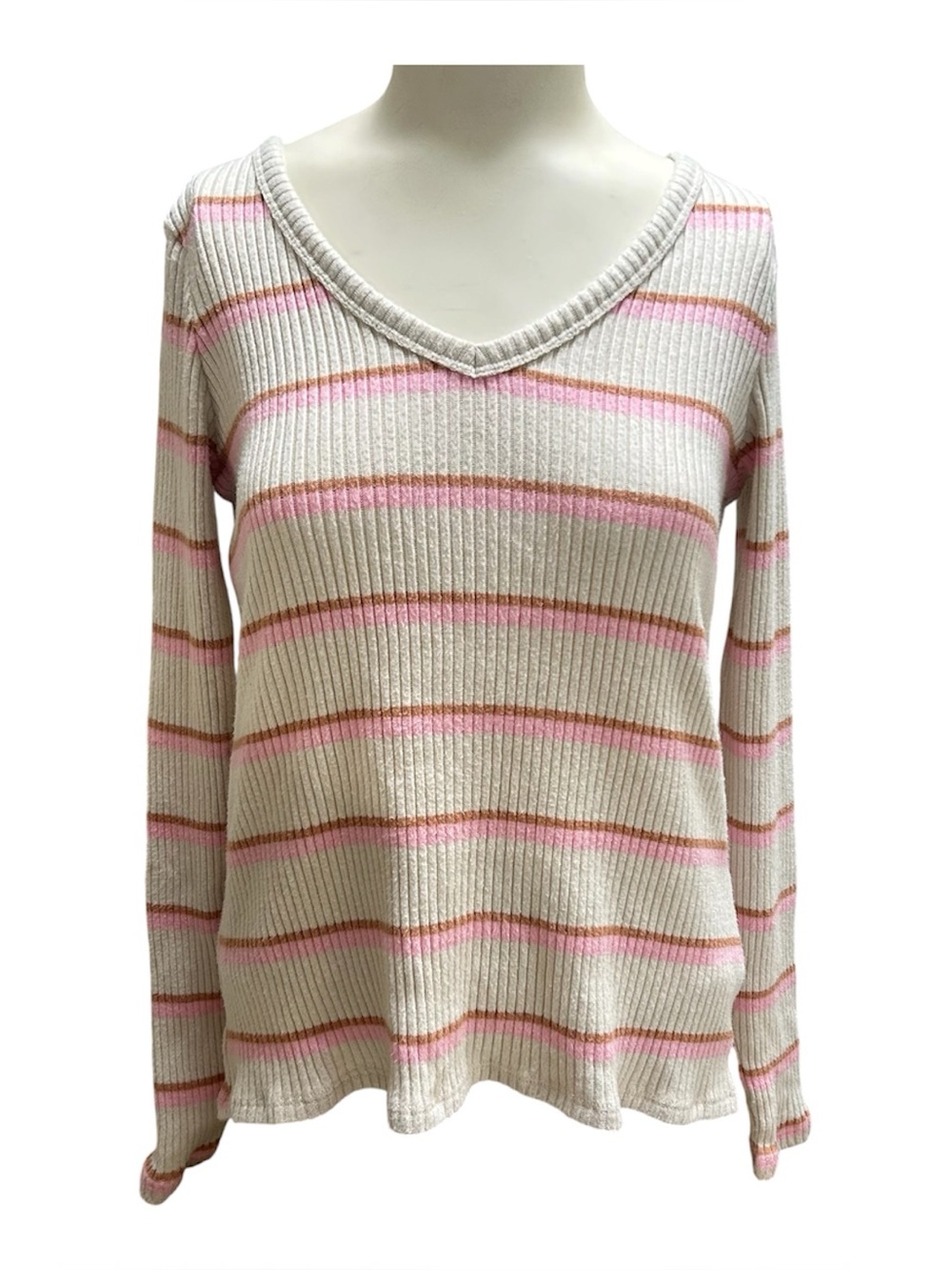 American Eagle Striped V-neck Sweater Knit Long Sleeve Womens Small Pink Cream